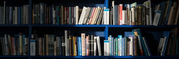 Blue bookshelf with books under a spot light